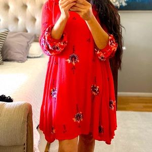 Free People Oxford Red embroidered boho Dress Sz XS